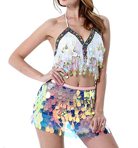 Sttiafay Bauchtanz Hüftrock über dem Knie Pailletten Meerjungfrau Hüftschal Wrap Rave Karneval Kostüm für Damen