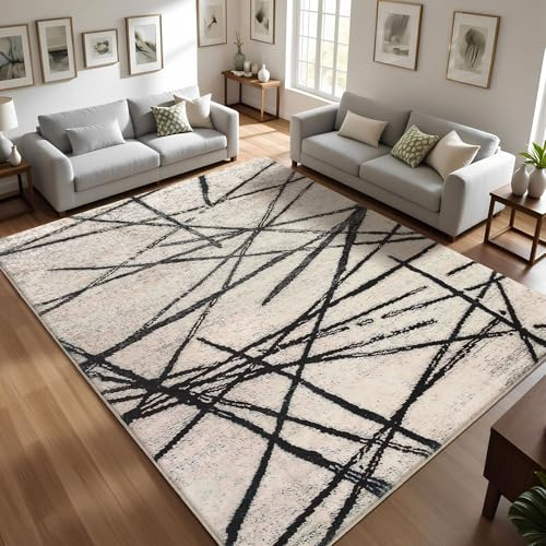 Leesentec Teppich Wohnzimmer Moderner Künstlerischer Teppiche Waschbar Kurzflor rutschfest Orientteppiche Raummatte (Beige/Gestreift Schwarz, 200 x 300 cm)