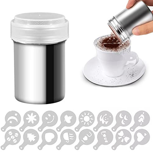 Powder Sugar Shaker, 1 Stücke Kaffeeschablone, Kakao Streuer 16 Stücke Kaffee Schablonen für Heiße Schokolade Brotdekoration