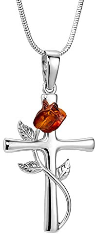 Copal Baltischer Bernstein Kreuzkette Mit Rosenanhänger Aus Sterling-Silber