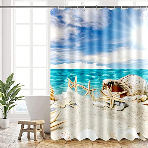 AMDXD Duschvorhang 120x200 Antischimmel Textil Shower Curtains, Strand Wasserdicht, Waschbar Polyester Stoff Badevorhang für Badezimmer und Badewanne mit 12 Haken