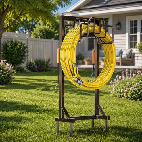 Skycarper Garden Hose Reel Holder Detachable Metal Water Hose Hanger Organizer Heavy Duty Free Standing Hose Stand,Bronze