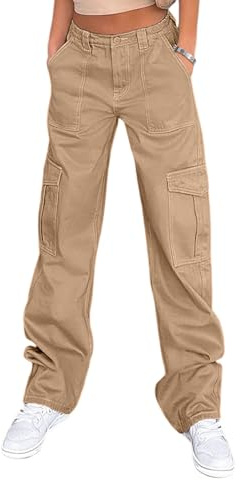 Lepunuo Cargo Pants for Women High Waisted Casual Pants Baggy Stretchy Wide Leg Y2K Streetwear with 6 Pockets Khaki