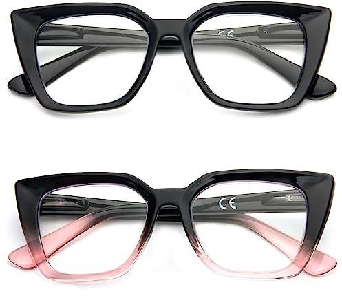 Kodilin 2 Pack Occhiali da lettura donna Oversized Square Anti Luce Blue Computer Lettori Uomo con cerniera a molla (+1.5, nero e nero rosa)