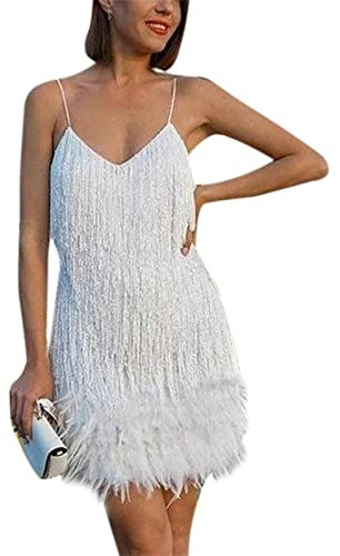 kewing Women Flapper Dresses 1920s Gatsby V Neck Cocktail Dress UK Spaghetti Tassel Feather Stitching Dress Vintage Layered Fringe Clubbing Dress White