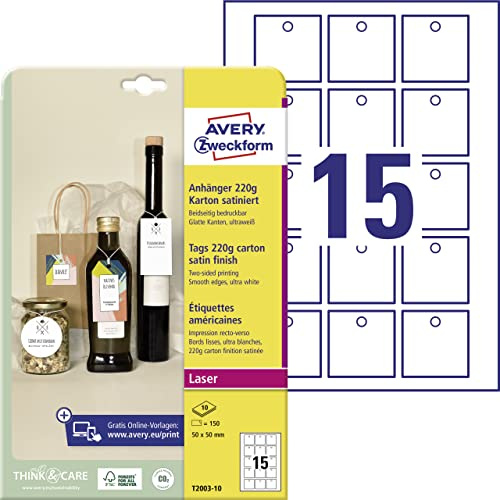 AVERY Zweckform T2003-10 stabile Anhänger 150 Stück inkl. Schnüre (50x50mm auf A4, beidseitig bedruckbare Produktanhänger, extra glatte Kanten, Geschenkanhänger, Preisanhänger) Karton 220g, weiß