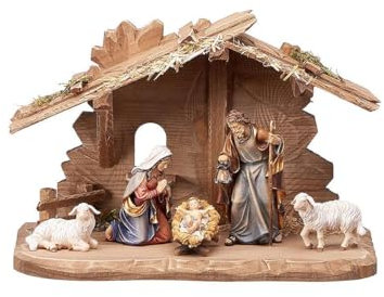 Stall Tirol mit Heiliger Familie, Set 7-teilig, Mahlknecht Krippe, Ahornholz, Grödnertal, 12 cm Krippe
