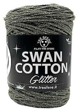 SWAN Cotton Glitter (Kaki Silver 26) Yarn for Bags, Hats, Baskets, underplates, Clutches Composition 67% Recycled Cotton 33% Polyester, Spool 250 Grams 250 Meters