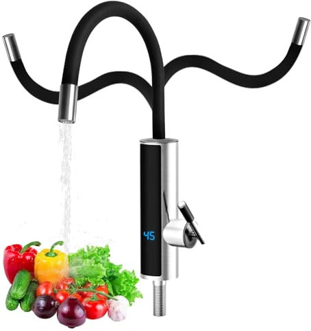 3000W Durchlauferhitzer Küchenarmatur, Elektrischer Heizhahn mit LCD-Temperaturanzeige, 360º drehbarer Schlauch Küchenarmatur, 304 Edelstahl Wasserhahn für Küche, Bad, Wohnwagen, Camping (Schwarz)