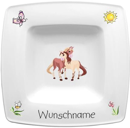 Doriantrade Suppenteller eckig 22cm Kinderteller Teller Porzellan Pferde 2 personalisierbar mit Wunschname Name Kindergeschirr mit Namen personalisiert