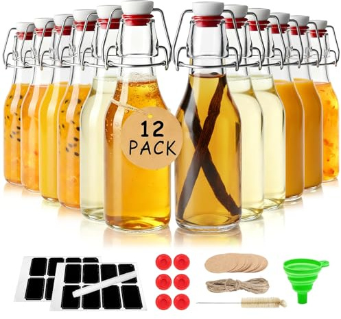 Ruckae 12 Pack 8.5oz Swing Top Glass Bottles with Lids Kombucha Coquito Flip Top Glass Bottle for Syrup Vanilla Extract Brew Beer Kefir Air Tight Bottles for Gift (8.5 oz 12 pack)