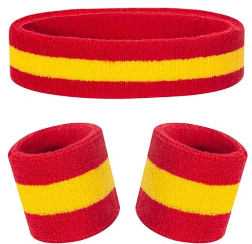Set Fascia per la Testa e Polsiere per Bambini - Fascia Sportiva Atletica in Cotone Anti-Sudore per Sport - Set da 3 Pezzi ad Assorbimento Ottimale (1 Fascia per la Testa + 2 Polsiere) (Rosso+Giallo)