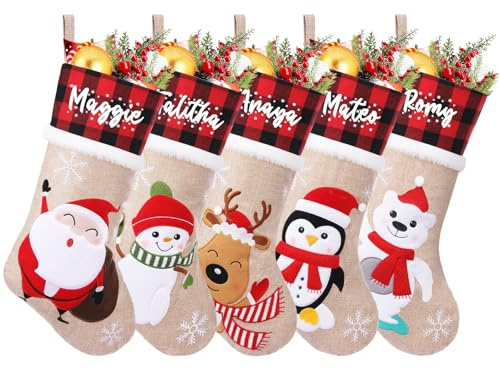 NIBESSER Chaussette de Noël personnalisée Prenom Nom Toile de Jute Sacs Cadeaux à Suspendre de 46cm Personnalisable a Chaussettes de Cheminée Xmas Sac Cadeau Sac de Bonbons pour Arbres de Noël
