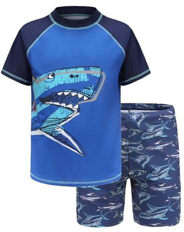 Trsenvrml Boys Swim Set Kids Swimming Costume Rash Guard Short Sleeve Swim Shirt + Swim Trunks Shorts Bathing Suit (Shark, 7-8T)