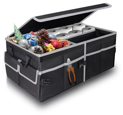 YBCPACK Auto Kofferraum Organizer mit Deckel [60L] - Stabil & Rutschfes - Faltbar Kofferraumtasch aus Oxford-Material - Auto Organizer XXL für Camping, Reisen