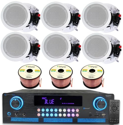 Home Theater Sound System Kit - 2000 Watts Bluetooth Amplifier w/ 6 Qty of 8 Framed Ceiling Speakers 300 W Each, 300 ft Speaker Wire & Remote for Home, Bar, Office, Restaurant by Technical Pro