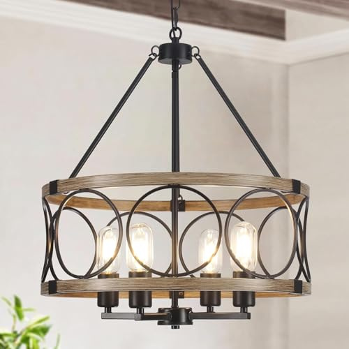 ASHUAQI Black Chandelier, 4 Lights Chandeliers Ceiling Light, Rustic Farmhouse Wagon Wheel Chandelier, Industrial Pendant Light Fitting Ceiling Lights for Living Room Dining Room Kitchen Bedroom Hall
