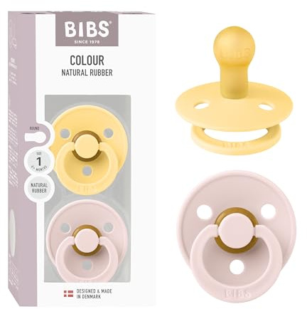 BIBS Colour Schnuller, 0-6 Monate, 2er-Pack, Pale Butter/Petal | Runder Sauger | Naturkautschuklatex | Größe 1 | BPA-frei | Hergestellt in Dänemark | Hohe Akzeptanz | Luftlöcher