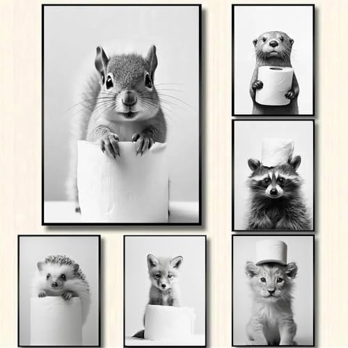 Affiche Murale Noir et Blanc Humour Animaux Photos Deco Salle de Bain Tableau Poster WC Art Affiche Drole Toilette Tableau Humoristique WC Toile Poster Mural Chambre Adulte Rigolo Funny Amusante