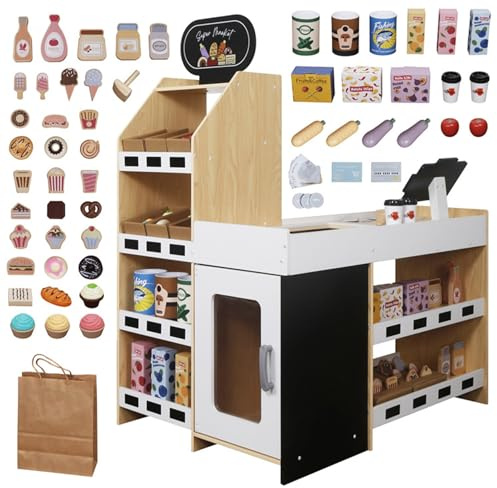 Negozio di acquisto in legno, supermercato, registratore di cassa per bambini, negozio commerciale, 83 cm x 62,5 cm x 107 cm