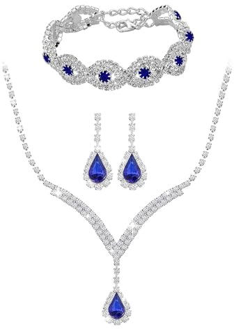 TTPSRY 3 Stück Schmuck Set Halskette Ohrhänger Armbänder mit Zirkonia Silberkette Kette mit Anhänger Damen Schmuckset Brautschmuck Hochwertiges Geschenk für Mädchen Frauen (Blau)