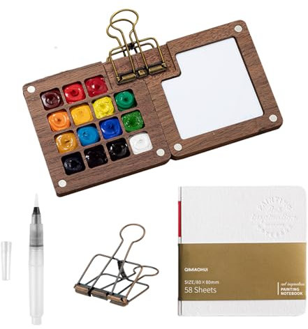 VARKAGE 15 Grids Holz Mini Palette, Mini Aquarell Set mit Binder-Clips, Zusammenklappbare Portable Pocketartist Travel Set mit Aquarellpapier Journal, Aquarellpinsel Stifte und EIN Clip