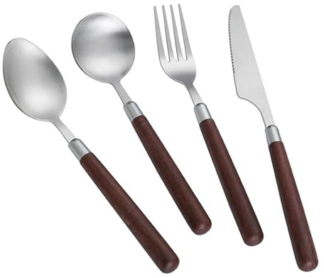 16 Pieces Stainless Steel Knife and Fork with Wooden Handle Cutlery Set, Cutlery Set Including Fork, Spoon, Knife, Bead Handle, Suitable for Home Restaurant and Various Parties (Brown)