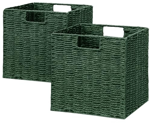 Vagusicc Wicker Storage Basket, Set of 2 Hand-Woven Paper Rope Wicker Baskets, Foldable Cube Storage Bins, Square Storage Baskets for Organizing Shelves & Decor, Green (11″×11″×11″)