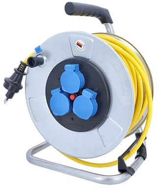 as - Schwabe Kabeltrommel 50 m - Schweizer SEV Typ 13 Stecker - K35 AT-N07 V3V3-F 3G1,5-3-fach Steckdose T13 230V/10A - Thermoschutz - Verzinkter Stahlrahmen - IP55 - Made in Germany, 711592