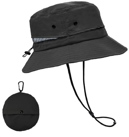 lifwimner Sonnenhut Damen Herren, Bucket Fischerhut Sommerhut mit Kinnriemen Mesh Wasserdicht Anglerhut Boonie Hat Schnell Trocknende Packable für Outdoor Sommer Camping(Schwarz)