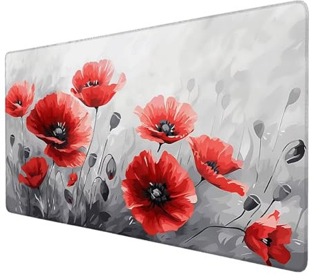 Schreibtischunterlage, Mohnblume Mauspad XXL 90 x 40 cm, Erweitertes Gaming-Mauspad mit Genähten Kanten, Rutschfeste Wasserdichte Gummiunterseite Mauspad Grau, für Büro, Zuhause, Schreibtischdekor T-5