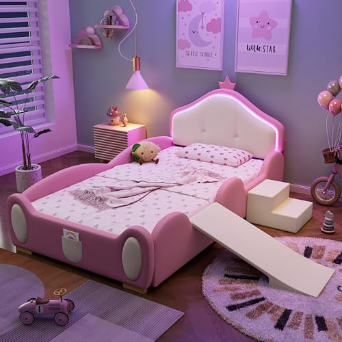 GigaXynium Letto imbottito Crown Cartoon Lettino con strisce multi moda, lettino con piccolo scivolo e scale, con bordi morbidi protettivi, 90 x 200 cm (rosa + PU)
