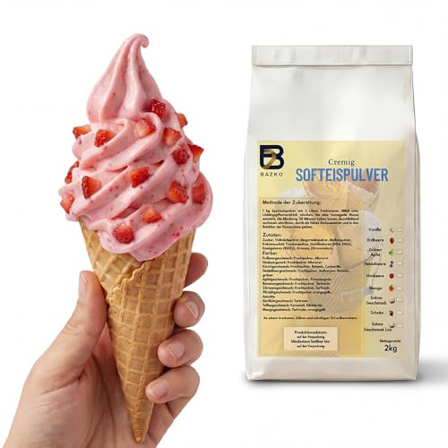 Bazko Erdbeere Eispulver für Eismaschine Softeispulver Speiseeispulver 2 kg | für 6 kg Eis | Nur Wasser Hinzufügen | Cremig & Ergiebig