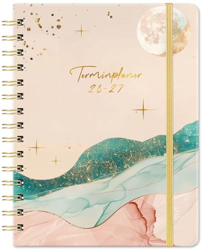 Terminplaner 2026 2027, A5 Wochenplaner von Aug. 2026 bis Jul. 2027 | Kalender 2026-2027 mit Innentasche, Elastischer Verschluss, Spiralbindung, 21.3 x 14.7cm