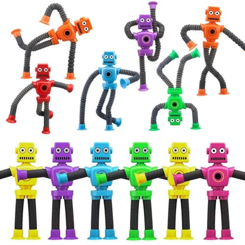 12 Stück Roboter-Saugnapf-Fidget-Poptubes - Transformierbares Teleskopspielzeug für Reisen, Sinnespielzeuge für Kleinkinder als Weihnachtsgeschenkefüller