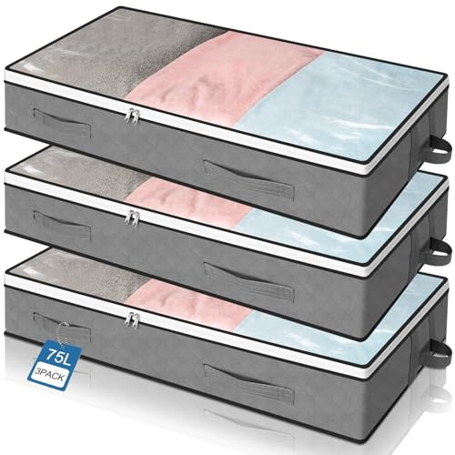 Cozary 3 Pezzi Contenitori Sottoletto 75L, Maniglia rinforzata, Finestra trasparente, Organizer Armadio per Organizer Trapunte Abiti Stagionali, Contenitori per Armadio Salvaspazio,100x50x15cm