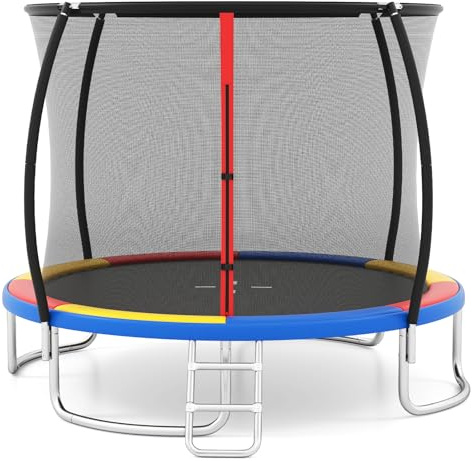 LIFEZEAL Trampolin Outdoor, Gartentrampolin mit Schutznetz & Leiter, Kindertrampolin Ø 244/305/366 cm mit Stahlrahmen, Sportgeräte für Kinder und Erwachsene (Bunt, Ø 305 cm)