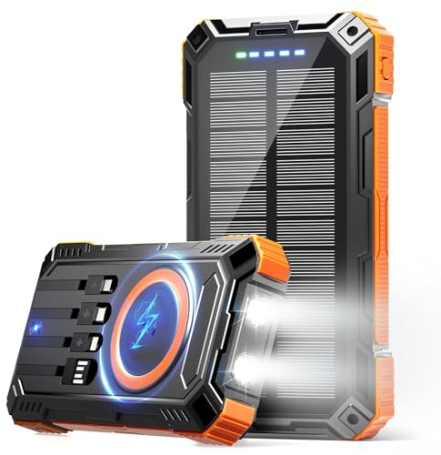 Power Bank 49800 mAh Caricatore solare Ricarica wireless USB-C 5V/3.1A Ricarica rapida con 4 cavi integrati Torcia LED Batteria compatibile con iPhone, iPad, Galaxy, perfetto per campeggio