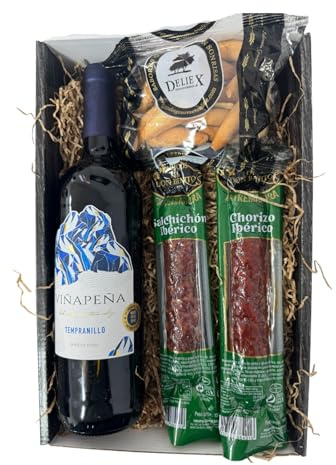Cesta gourmet para regalar con ibéricos, a elegir con vino, aceite o paté y crema de queso, escoje la caja regalo que mas te guste (Estuche regalo, Vino)