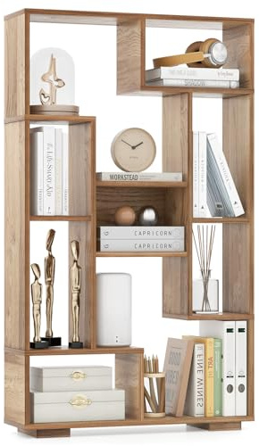 COSTWAY 120cm Bücherregal mit 9 Fächern, Standregal Raumteiler geometrisch, Mehrzweckregal Holz, freistehendes Aufbewahrungsregal mit Kippschutz für Büro, Wohnzimmer (Holz)