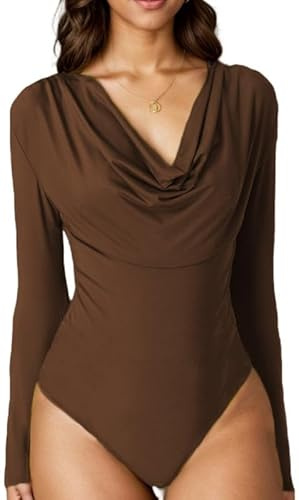 Sukiglam Body Mujer Manga Larga Elegante Cowl Neck Bodysuit Tops Sexy Leotardo Top Ajustada Bodys Tanga Vestir Fiesta Slim Fit Camisas Top Elástico Shapewear Jumpsuit Blusa Suave Color Sólido