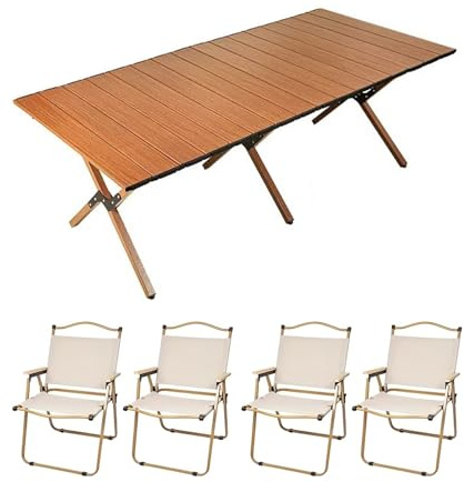 HBOOMOEM Klappbarer Campingtisch Mit StüHlen，Robuster Tisch Und StüHle Im Freien Set ，Geeignet FüR Reisen Im Freien, Strand, Garten, Grillen, Partys Und Picknicks.(Walnut,150CM+4 Chairs)