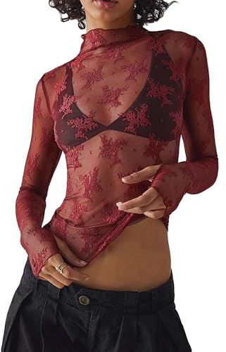 Lshyuehao Women's Mesh Tops Lace Tops for Women Sexy Long Sleeve See Through Shirts Y2K Lace Top Layering Blouses (A-Wine Red, M)
