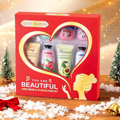 Set Regalo di Natale con 4 Creme per le Mani e 4 Balsami per le Labbra, Trattamento Idratante Intenso, Lozione per le Mani da Donna, Non Grassa, Perfetta Idea Regalo di Natale per Moglie, Mamma, Amica