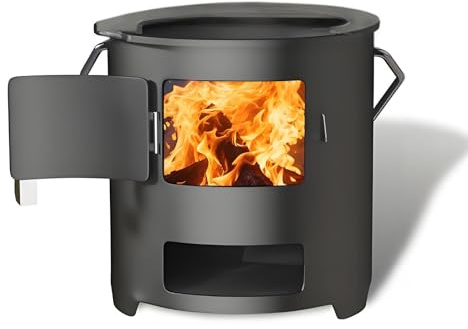 Poêle a Bois Portable en Acier au Carbone Épaissi, Poêle a Bois en Fonte Intégré avec Base Stable, Poignée Résistante a la Chaleur Pour Intérieur et Extérieur(30cm)