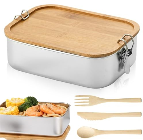 GOMETY Boîte à Déjeuner Inox 1200ml avec Couvercle en Bois, Boîte Repas Étanche et Sans BPA, Lunch Box en Acier Inoxydable avec Couverts Bois, Boîte à Bento pour Bureau, École, Voyage et Pique-nique