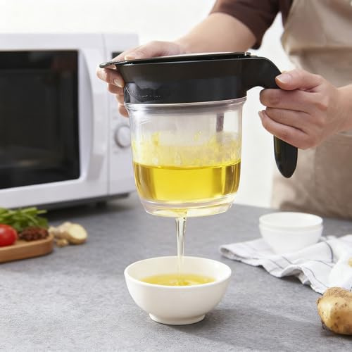 Fetttrennkanne für Soßen, Fett-Trennkanne für Bratensaft 1 L, Fettabscheider, Doppelfiltrations Fetttrenner, Ein Knopf Pressefreigabe Spender, Einfaches Abscheiden von Fett (1)