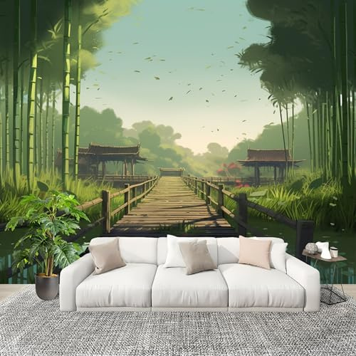 Patio ArtíStico De Bambú Fotomurales 250x175 cm Papel Pintado Tejido No Tejido Fotomural Verde Efecto 3D Papel Tapiz Decorativos para Dormitorio Salón TV Pared Murales Póster