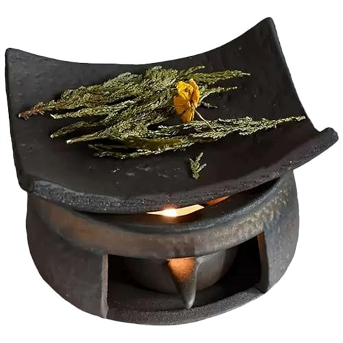 FLKWOP Set di scaldavivande in ceramica, bruciatore per aromaterapia al cedro e zen, realizzato a mano, in ceramica, con supporto per candela, per meditazione