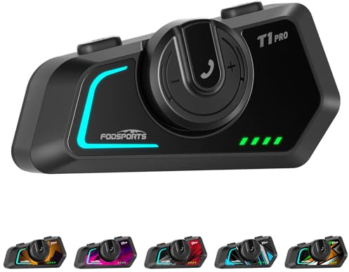 Fodsports T1 Pro Intercom Moto, jusqu'à 6 Motards, Bascule Entre 4 Modes | Système de Communication pour 6 Motocyclistes avec Partage de Musique, Radio FM, Étanche IP67, Batterie jusqu'à 25 H